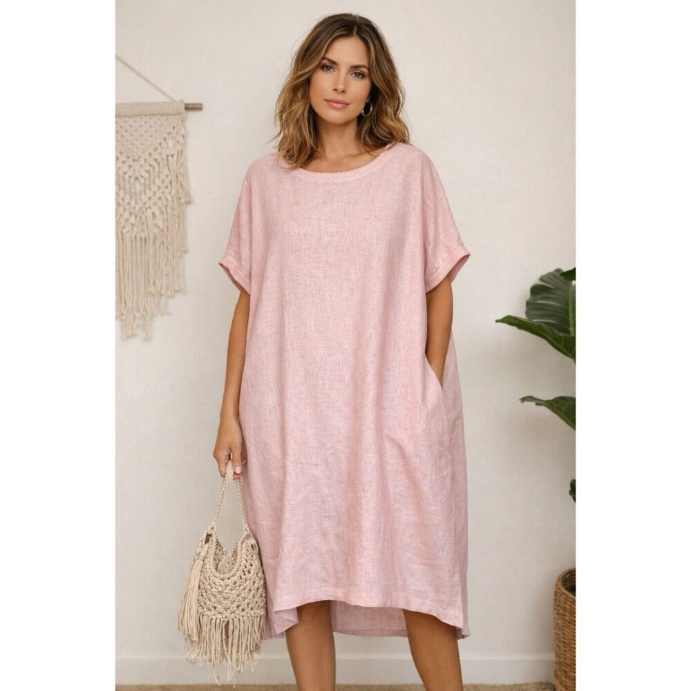 100% Linen Women L Boxy Lagenlook Dress Made in Greece Pastel Pink Oversized